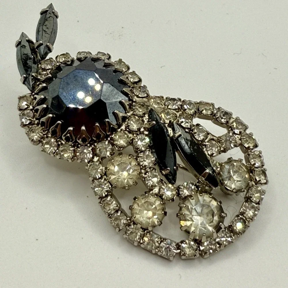 Vintage Black Rhinestone Brooch Silver Tone Clear Crystals Mid Century